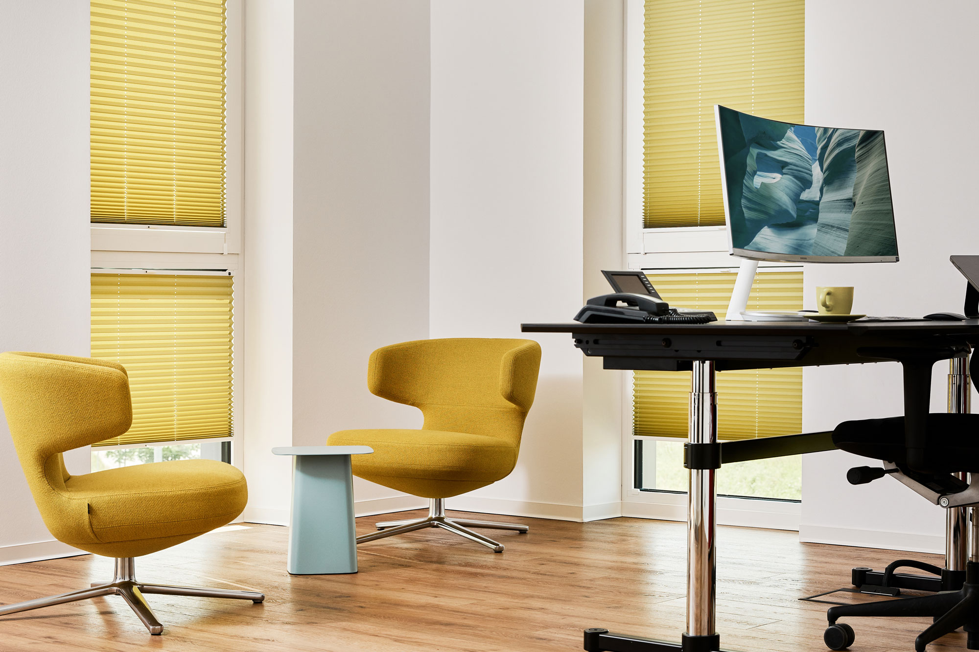 Plissee-buero-gelb-gruen-ohne-bohren Plissee-buero-gelb-gruen-ohne-bohren